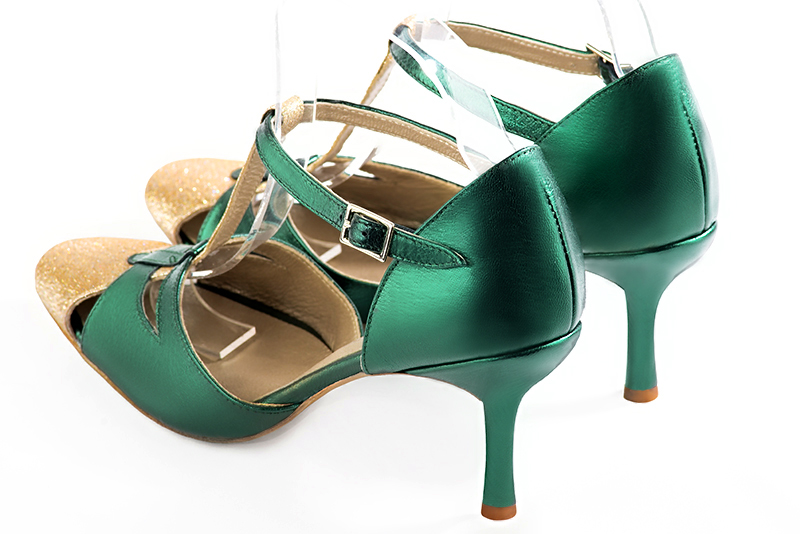 Gold and emerald green women's T-strap open side shoes. Round toe. High slim heel. Rear view - Florence KOOIJMAN